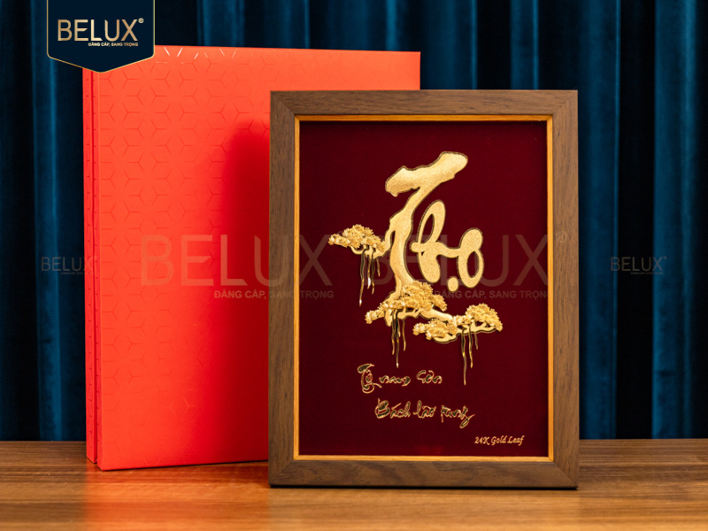 Tranh chữ Thọ thư pháp dát vàng 24k - 32x25cm